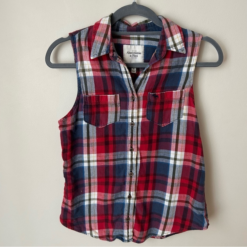 Abercrombie & Fitch Red White Blue Plaid Button Down Cut Off Shirt Size Medium